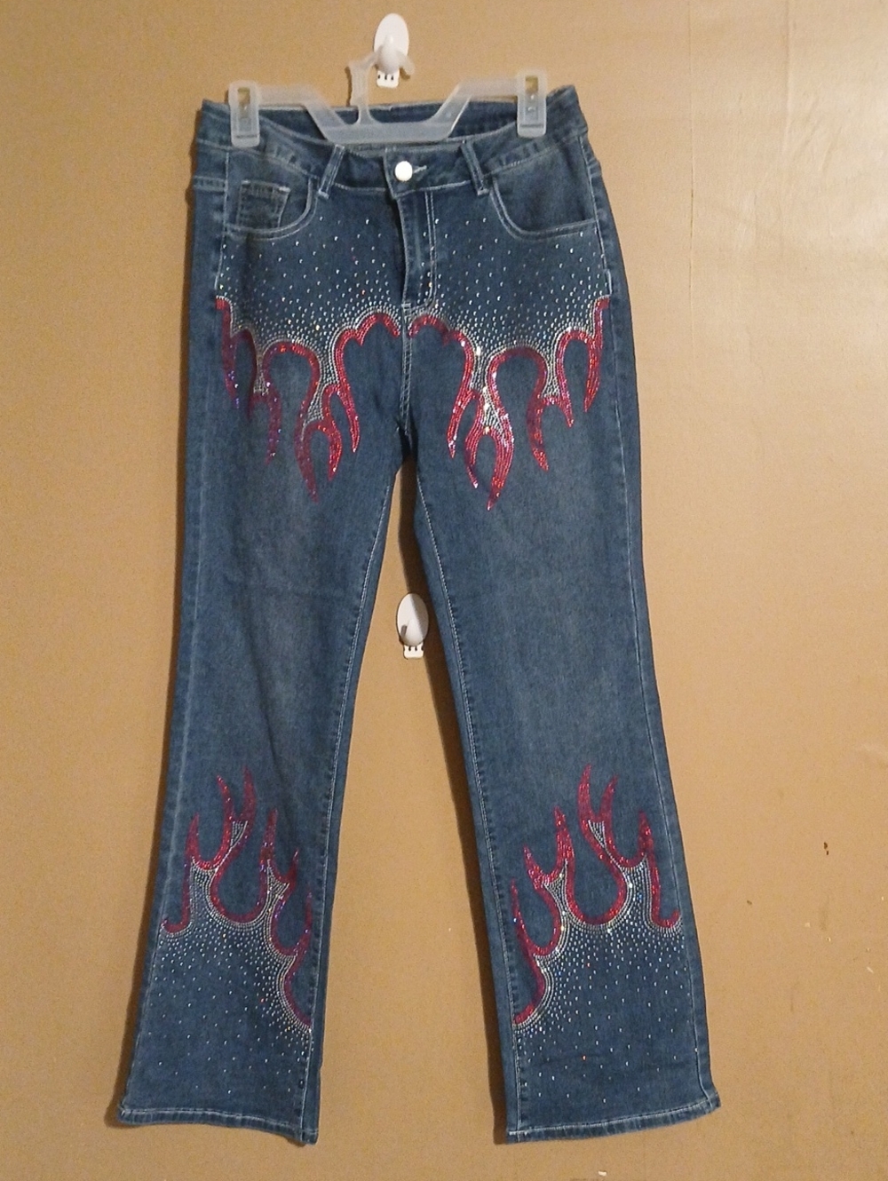 SHEIN Dark Wash Jeans with Red Flame Rhinestone Detail